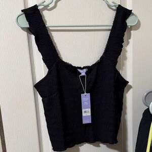 Smocked Ruffle Strap Crop Tank Top - Black